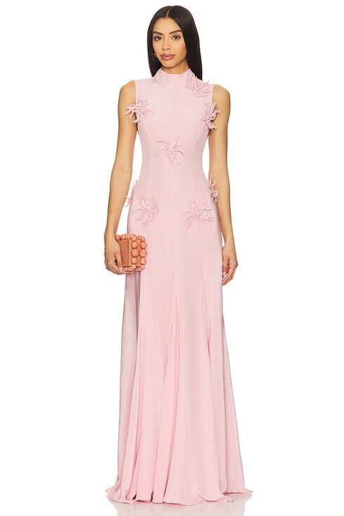 La Fuori Dresses & Skirts - La Fuori 3D Floral Applique Ostrich Feather Pink Silk Backless Dress NWT $780 S